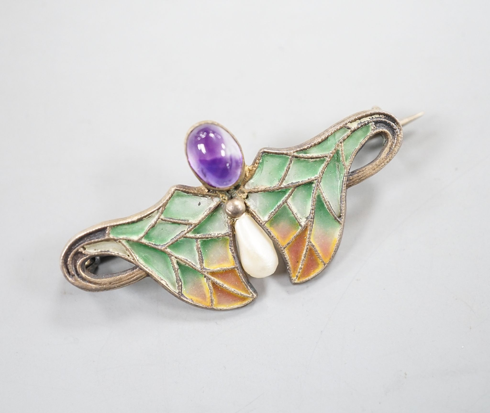 An Art Nouveau continental 900 standard gilt white metal, cabochon amethyst, baroque pearl and plique a jour set brooch, 45mm.